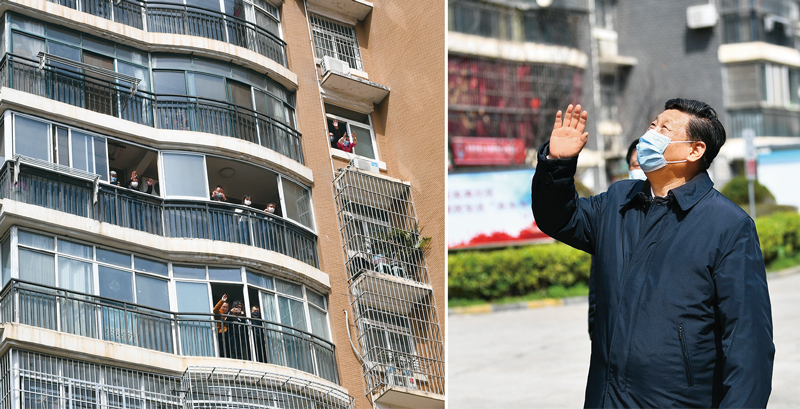 2020年3月10日，習(xí)近平專門赴湖北省武漢市考察新冠肺炎疫情防控工作。這是習(xí)近平在東湖新城社區(qū)考察時，向在家隔離居住的居民揮手致意、表示慰問（拼版照片）